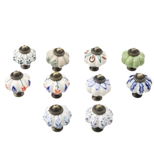 Set of 10 pumpkin ceramic cabinet knobs with floral patterns and bronze bases