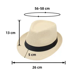 Größentabelle für Trilby-Strohhut mit Angaben zu Kopfumfang 56-58cm und Abmessungen