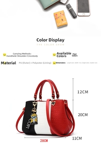 Detail view of the tricolor PU leather tote bag with dimensions 28x11x20cm and accessories