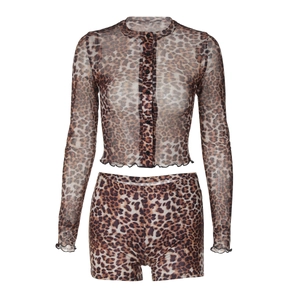 Women's two-piece leopard print mesh set with long-sleeve cardigan and matching shorts