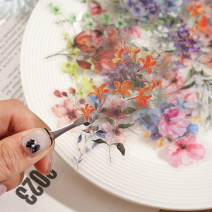 50 pieces of waterproof transparent PET floral stickers for DIY journals and scrapbooking