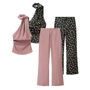Satin Neckholder Oberteil Und Hose Mit Weitem Bein Elegant Ärmellos Gerafft Rückenfrei Gepunktet Lässig Für Damen