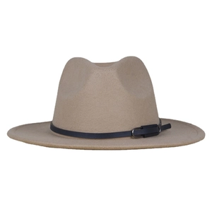 Classic light brown wool felt jazz hat with black leather strap and metal buckle