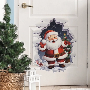 3D Christmas Santa Claus broken wall sticker for home holiday decoration on white door