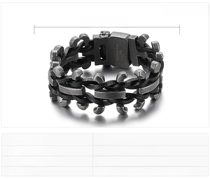 Macro view of 316L stainless steel leather bracelet with 109g weight and 30mm width details