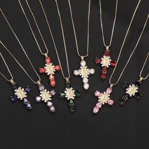 Religious cross necklaces with copper zircon and colorful teardrop crystals in 8 colors