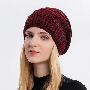 Winter rib-knit beanie in burgundy marl with side button detail for men and women