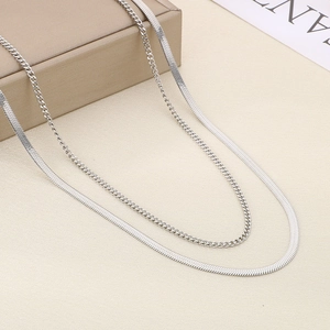 Detail view of a silver double-layered necklace with snake and link chain on a gift box