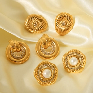 Three pairs of vintage 18K gold plated stainless steel earrings with pearls and crystals