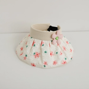 Close-up of floral print brim and knit headband with pink flower button detail
