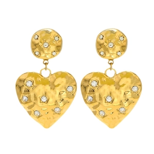 Gold hammered heart drop earrings with star-set cubic zirconia for women
