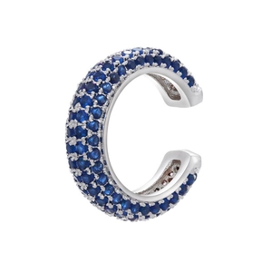 Detailed view of silver C-shape ear cuff with three rows of micro-pave blue zircon stones
