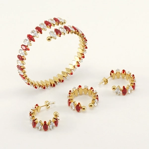 18K gold plated stainless steel jewelry set with red and clear marquise gemstones