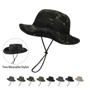 Boonie Hat Bucket Hat Camouflage Tactical Wide Brim Windproof Strap Breathable Sun Protection Outdoor Fishing Hiking Men