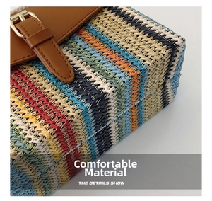Dettaglio della trama intrecciata arcobaleno e patta in pelle marrone con fibbia dorata