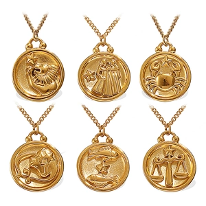French vintage 18K gold plated stainless steel zodiac relief pendant necklaces set