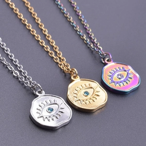 Polished 18k gold plated evil eye coin pendant necklaces in silver, gold and rainbow finish