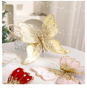 Sparkling butterfly Christmas ornaments with sequins and gems in a festive setting
