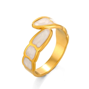18K gold plated stainless steel open ring with geometric white enamel inlay and textured finish