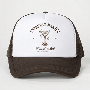Brown and white Espresso Martini mesh trucker hat with adjustable strap and vintage print