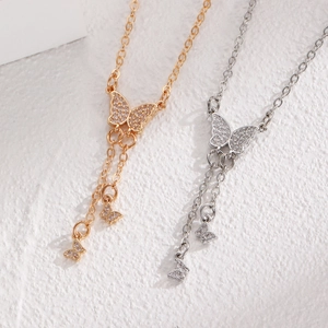 Elegant butterfly pendant necklaces with zircon fringe in gold and silver finishes