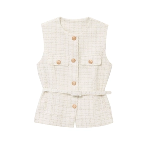 Elegant cream tweed vest with gold buttons and matching belt for a refined feminine look