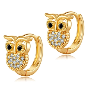 Exquisite 18K gold plated owl hoop earrings featuring cubic zirconia and black gem eyes