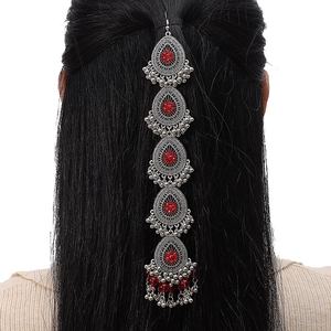 Ethnic style silver head chain with red beads on long black hair for women