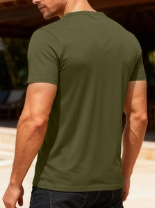 Detail view of the back fit and breathable fabric of this men's olive green V-neck T-shirt