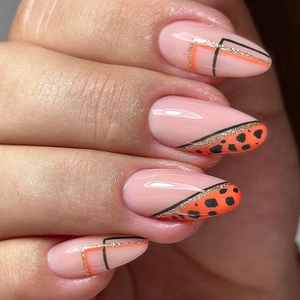 Unghie Finte Press On A Mandorla Stampa Leopardata Stile Francese In Plastica Con Linee Geometriche E Glitter Per Donna