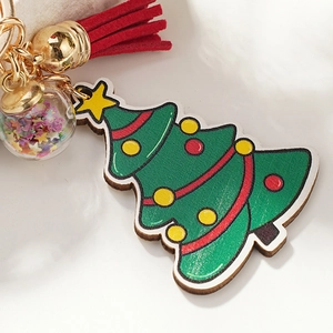 Festive Christmas tree wooden keychain with red tassel and glass ball star pendant