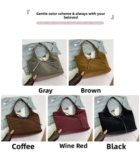 Close-up of suede tote bags with bow detailing in five different elegant autumn colors