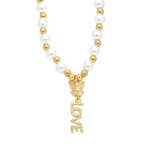 Elegant gold butterfly necklace with LOVE charm and white pearls on white background