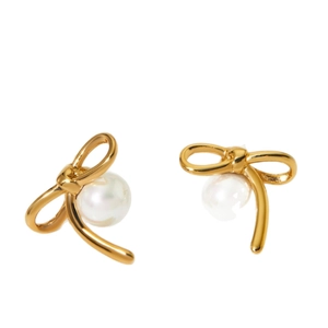 Elegant gold-plated bow pearl stud earrings for women on a clean white background