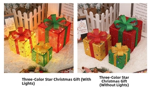 Detailed comparison of glowing and unlit LED Christmas gift boxes with star patterns