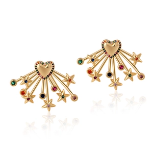 Creative 18K gold plated brass heart and star earrings with colorful zircon stones