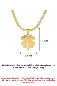 Detail showing titanium steel clover pendant with textured finish and dimensions info