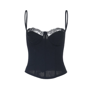 Sultry black lace corset camisole top with thin spaghetti straps and floral trim