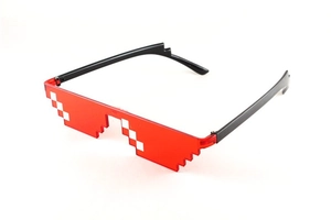 Detailed side view of red pixel mosaic sunglasses with white dot patterns and black temples