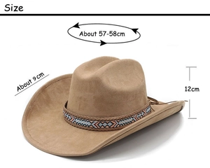 Detailed dimensions of western cowboy hat with ethnic band shown on white background