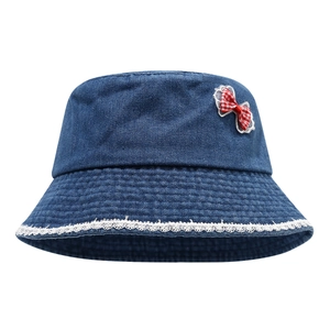 Navy denim bucket hat for girls featuring a red plaid bow and white lace trim detail