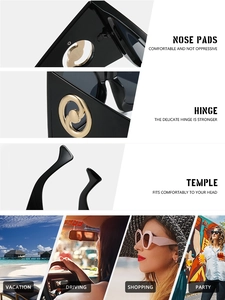 Detail view of square oversized sunglasses with gold metal accents and integrated nose pads