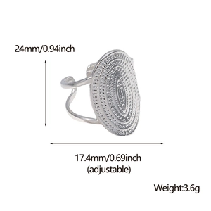 Adjustable wide punk stainless steel ring with vintage oval wave pattern for women