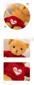 Détail d'un ours en peluche avec pull rouge tricoté, cœur blanc brodé et texte Loves
