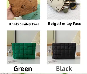 Collage of corduroy and quilted cosmetic bags in khaki, beige, green, and black colors