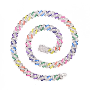 Hip Hop Cuban Link Necklace And Bracelet Zinc Alloy Rhinestone Enamel Colorful Rainbow Iced Out Jewelry Unisex Fashion Trend