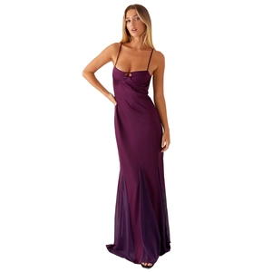 Elegant deep purple satin mermaid evening gown with sweetheart cutout neckline and long train