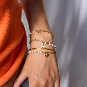 18K gold stainless steel bracelet set with colorful enamel flowers and evil eye charm