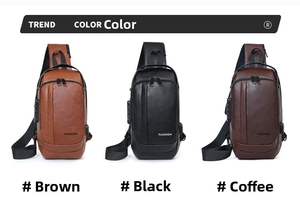 Detail view of water-resistant PU leather chest bags with USB port and anti-theft lock