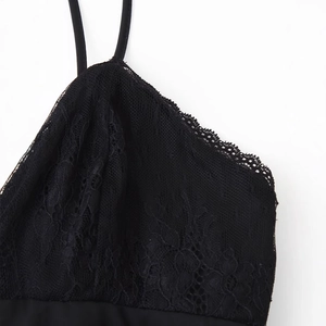Slim fit V-neck dress with black lace splicing and delicate spaghetti straps on white background